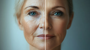 An aging woman's face split in half. Right side regenerated and youthful, left side untreated